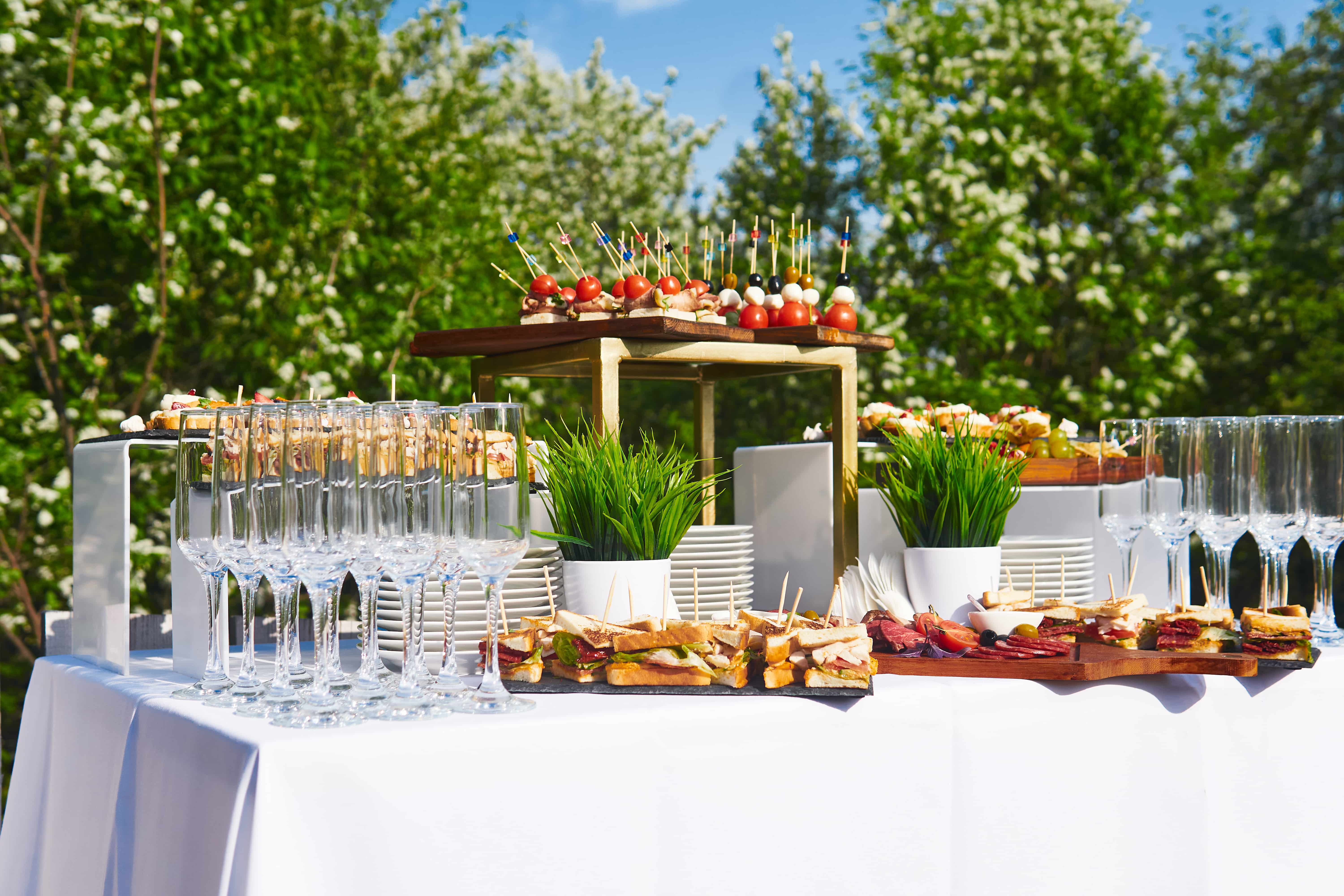 buffet in the open air - a table with canapes and glasses against the background of flowering trees and the sky