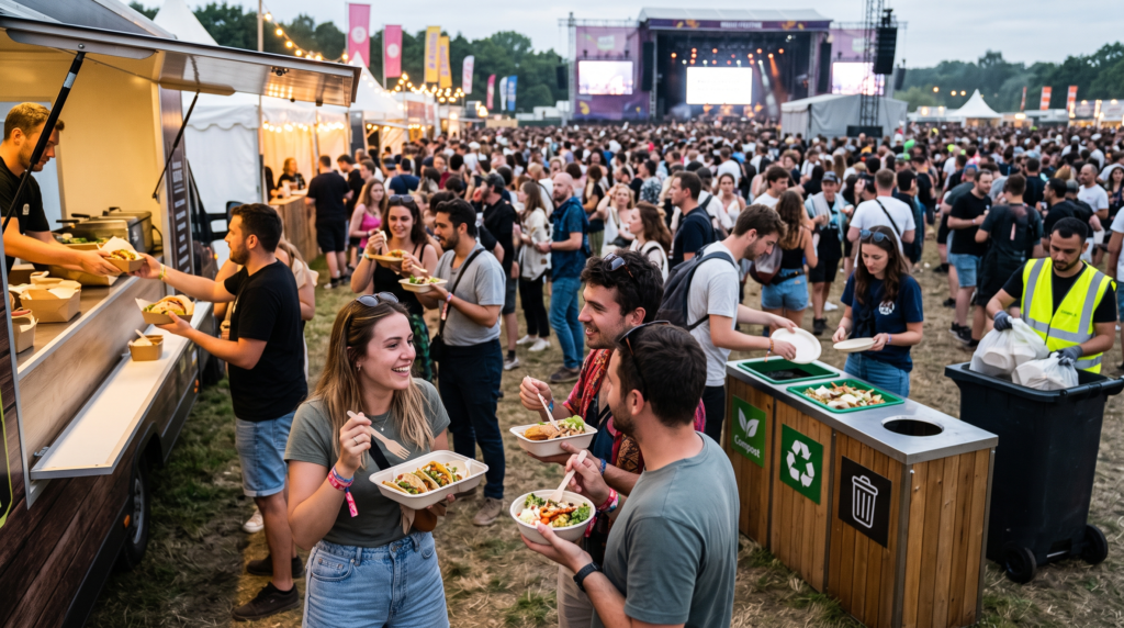 Distribution de repas dans un emballage alimentaire écoresponsable lors d'un grand événement public.