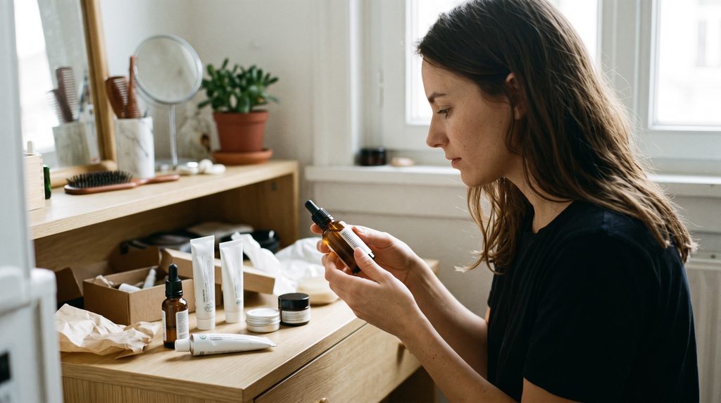 Une femme examinant attentivement l'étiquette d'un flacon de soin naturel de son calendrier de l'Avent beauté, dans l'intimité de son intérieur, à proximité de divers petits produits, tubes et emballages légers.